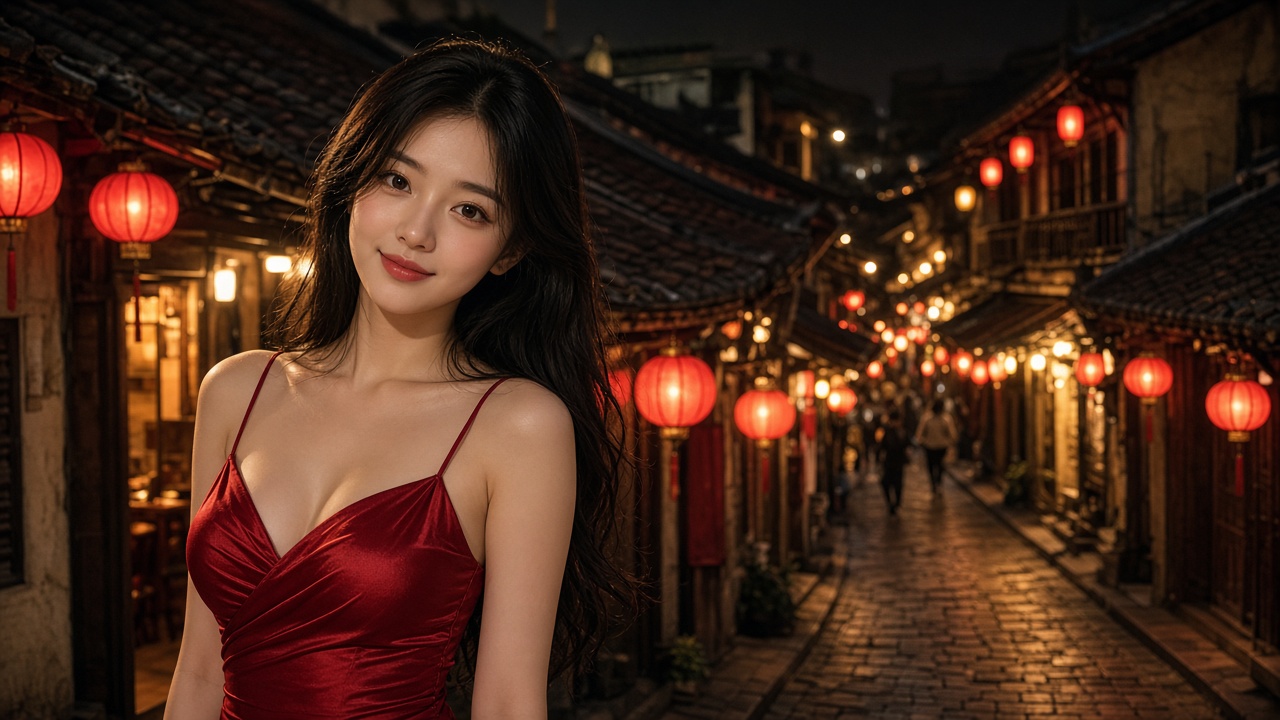붉은 등불이 켜진 하노이 밤거리 배너입니다.