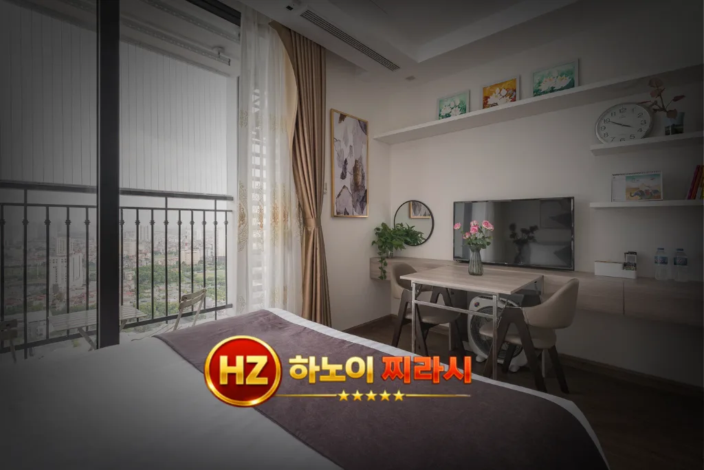 하노이 그린베이 아파트 스튜디오룸 침실 분위기입니다.